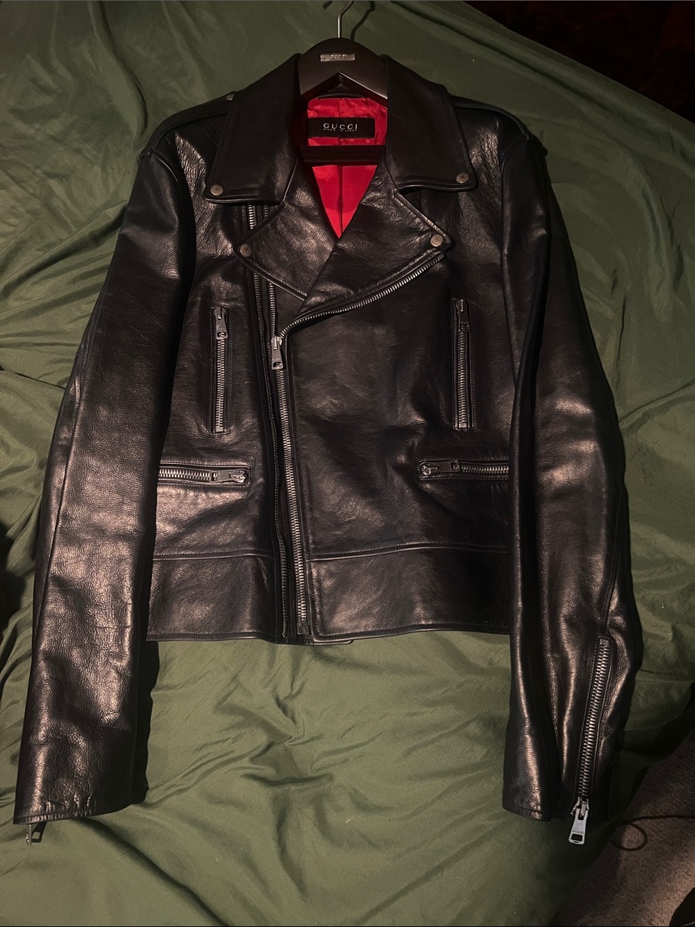 Gucci Dark Blue Men’s Leather Moto Jacket with Red Lining.